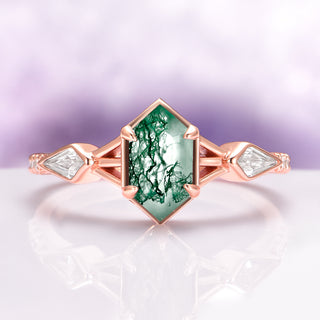 Hexagon Green Moss Agate Ring in 14K Rose Gold Vermeil