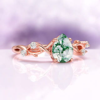 Green Moss Agate Twig Ring in 14K Rose Gold Vermeil