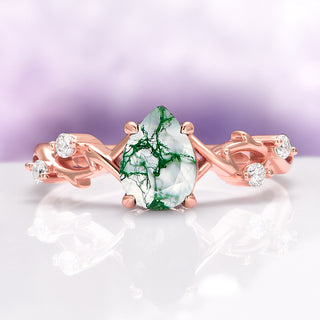 Green Moss Agate Twig Ring in 14K Rose Gold Vermeil