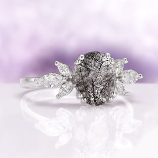 Eva Black Rutilated Quartz Engagement Ring in 14K White Gold
