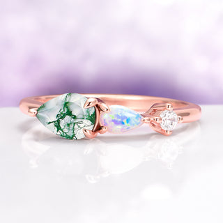 Green Moss Agate & Natural Australian Opal Ring in 14K Rose Gold Vermeil