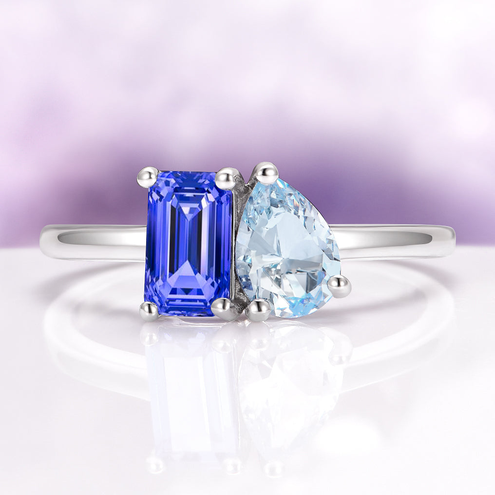 Toi Et Moi' Blue Sapphire Aquamarine Ring 14K White Gold