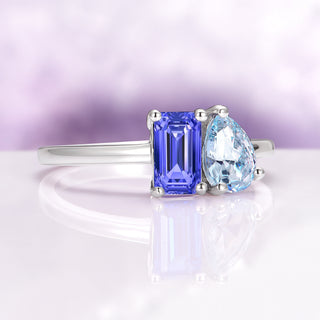 Toi Et Moi Blue Sapphire and Aquamarine Ring in Sterling Silver
