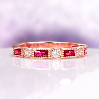 Art Deco Ruby Wedding Band in 14K Rose Gold Vermeil
