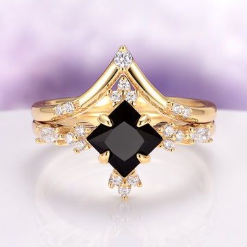 Princess Cut Black Onyx Engagement Ring Set in Solid 14K Yellow Gold by Aquamarise Gold, featuring a bold princess-cut black onyx center and sparkling diamond accents in a refined yellow gold design.