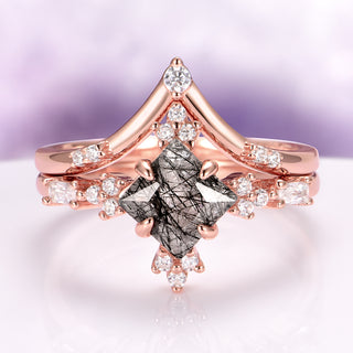 Natural Black Rutilated Quartz Ring Set in 14K Rose Gold Vermeil