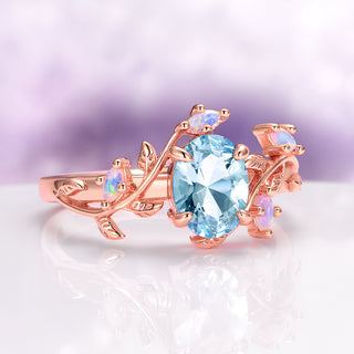 Aquamarine & Fire Opal Leaf Engagement Ring in 14K Rose Gold Vermeil