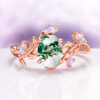 Green Moss Agate & Opal Leaf Ring in 14K Rose Gold Vermeil