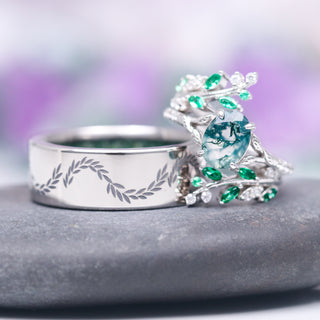 Green Moss Agate & Emerald Fairy Leaf Ring Set in Sterling Silver