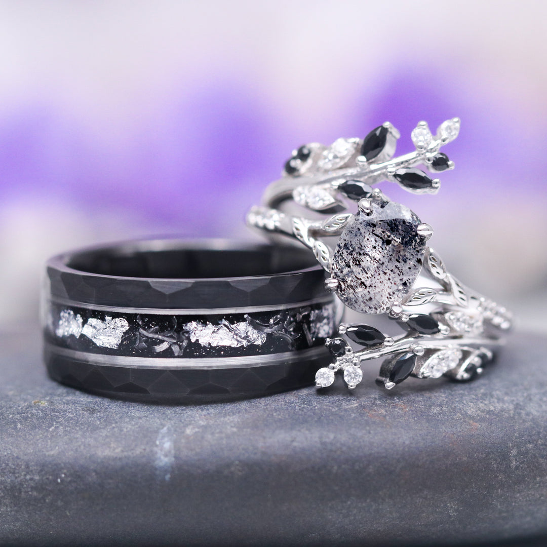 Salt and Pepper (Herkimer) Diamond & Black Onyx Leaf Ring Set- Sterling Silver