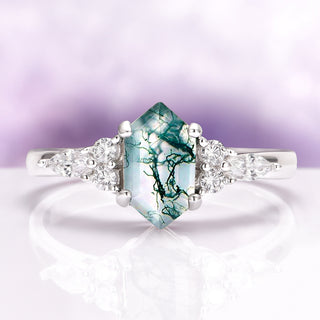 Sonnet Hexagon Green Moss Agate Ring in Sterling Silver