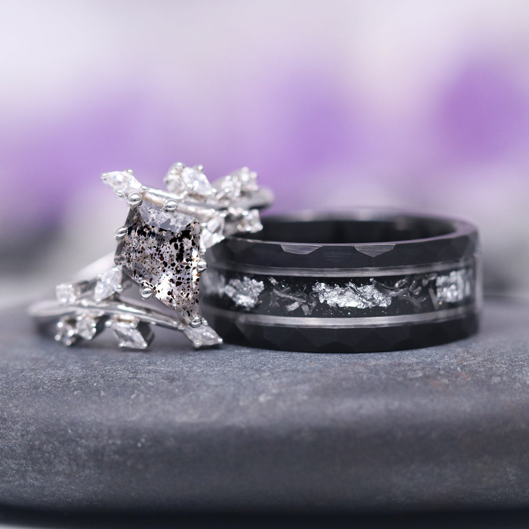 Galaxy Salt and Pepper (Herkimer) Diamond & Meteorite Couples Ring