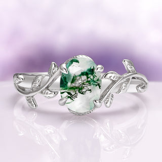 Natural Green Moss Agate Leaf Engagement Ring in Sterling Silver