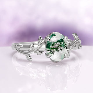 Natural Green Moss Agate Leaf Engagement Ring in Sterling Silver