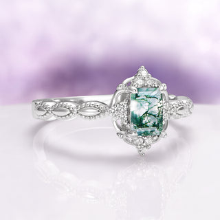 Green Moss Agate Engagement Ring in 14K White Gold