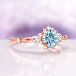 Round Cut Aquamarine Engagement Ring in 14K Rose Gold Vermeil