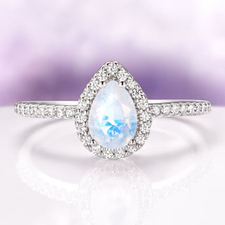 Natural Moonstone Teardrop Halo Ring in Sterling Silver