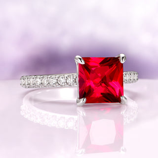 Princess Cut Lab Grown Ruby Engagement Ring in Sterling Silver