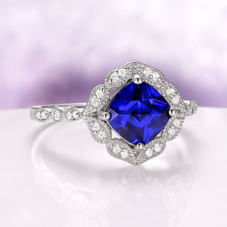 Cushion Cut Blue Sapphire Engagement Ring in Sterling Silver