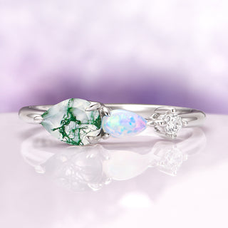 Green Moss Agate & Natural Australian Fire Opal Ring in Sterling Silver