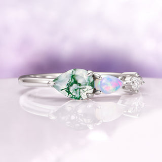 Green Moss Agate & Natural Australian Fire Opal Ring in Sterling Silver
