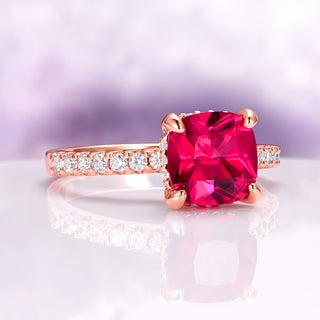 Hidden Halo Cushion Cut Ruby Ring in 14K Rose Gold Vermeil