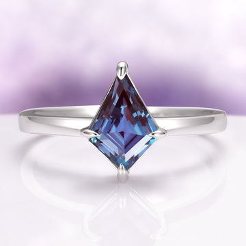 Geometric Kite Cut Alexandrite Engagement Ring in 14K White Gold by Aquamarise Gold, showcasing a striking color-shifting kite-cut gemstone in a minimalist white gold band.