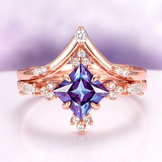 Princess Cut Lab Grown Alexandrite Engagement Ring Set in 14K Rose Gold Vermeil