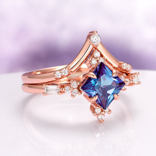 Princess Cut Lab Grown Alexandrite Engagement Ring Set in 14K Rose Gold Vermeil