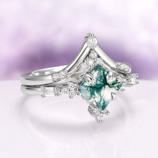 Rustic Moss Agate Couples Ring Set