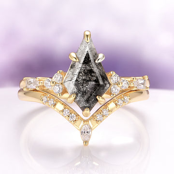 Skye Kite® Galaxy Herkimer Diamond & Meteorite Couples Ring Set by Aquamarise, featuring a unique black diamond-shaped Herkimer diamond with gold and sparkling diamond accents.
