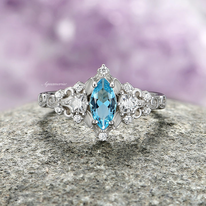 Elain Swiss Blue Topaz Fairy Leaf Ring- 14K White Gold