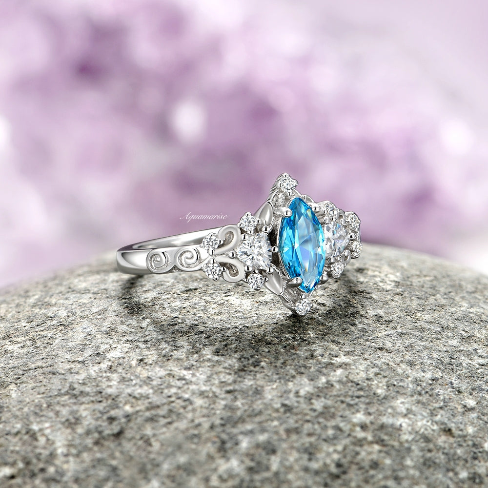 Elain Swiss Blue Topaz Fairy Leaf Ring- 14K White Gold