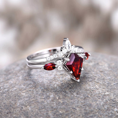 Skye Natural Red Garnet Kite Ring Set- 925 Sterling Silver Engagement Ring For Women- Unique Red Promise Ring- Anniversary Gift Idea For Her