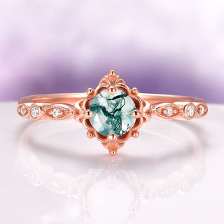 Vintage Green Moss Agate Engagement Ring in 14K Rose Gold Vermeil