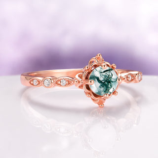 Vintage Green Moss Agate Engagement Ring in 14K Rose Gold Vermeil