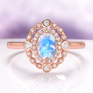 Valentina Rainbow Moonstone Engagement Ring in 14K Solid Rose Gold