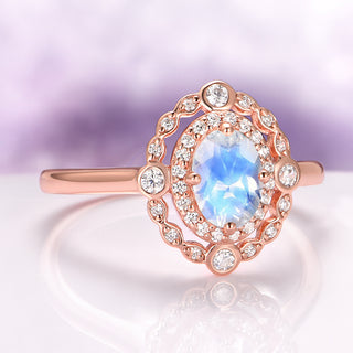 Valentina Rainbow Moonstone Engagement Ring in 14K Solid Rose Gold