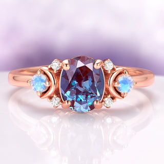 Alexandrite Crescent Moon Engagement Ring in 14K Rose Gold Vermeil