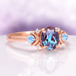 Alexandrite Crescent Moon Engagement Ring in 14K Rose Gold Vermeil