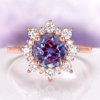 Snowflake Lab-Grown Round Cut Alexandrite Engagement Ring in 14K Solid Rose Gold