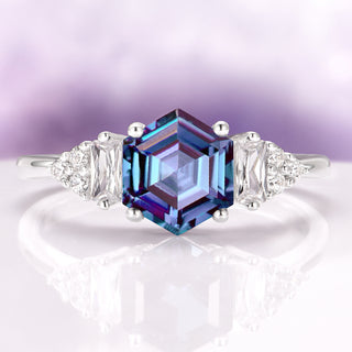 Hexagon Cut Lab-Grown Alexandrite Ring in Sterling Silver