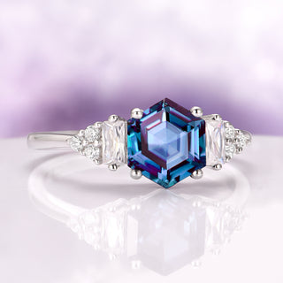 Hexagon Cut Lab-Grown Alexandrite Ring in Sterling Silver