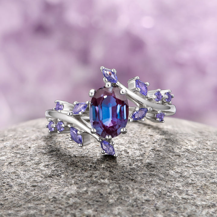 Alexandrite & Cornflower Sapphire Fairy Leaf Ring- Sterling Silver