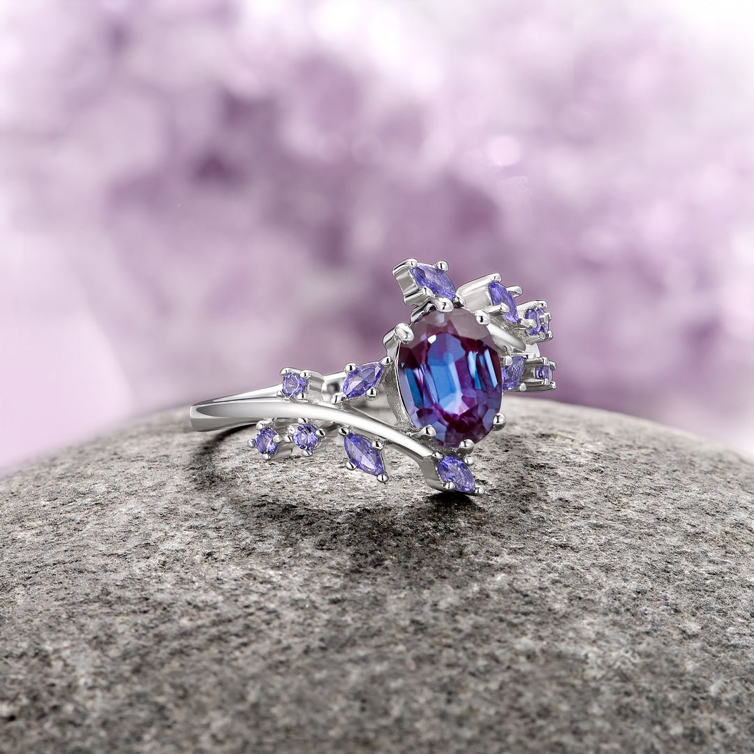 Alexandrite & Cornflower Sapphire Fairy Leaf Ring- 14K White Gold