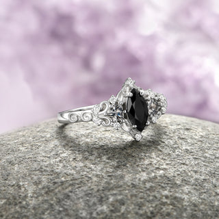 Elain Black Onyx Dark Fairy Leaf Ring in Sterling Silver