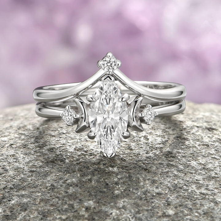 Crescent Moon Engagement Ring Set- 14K White Gold