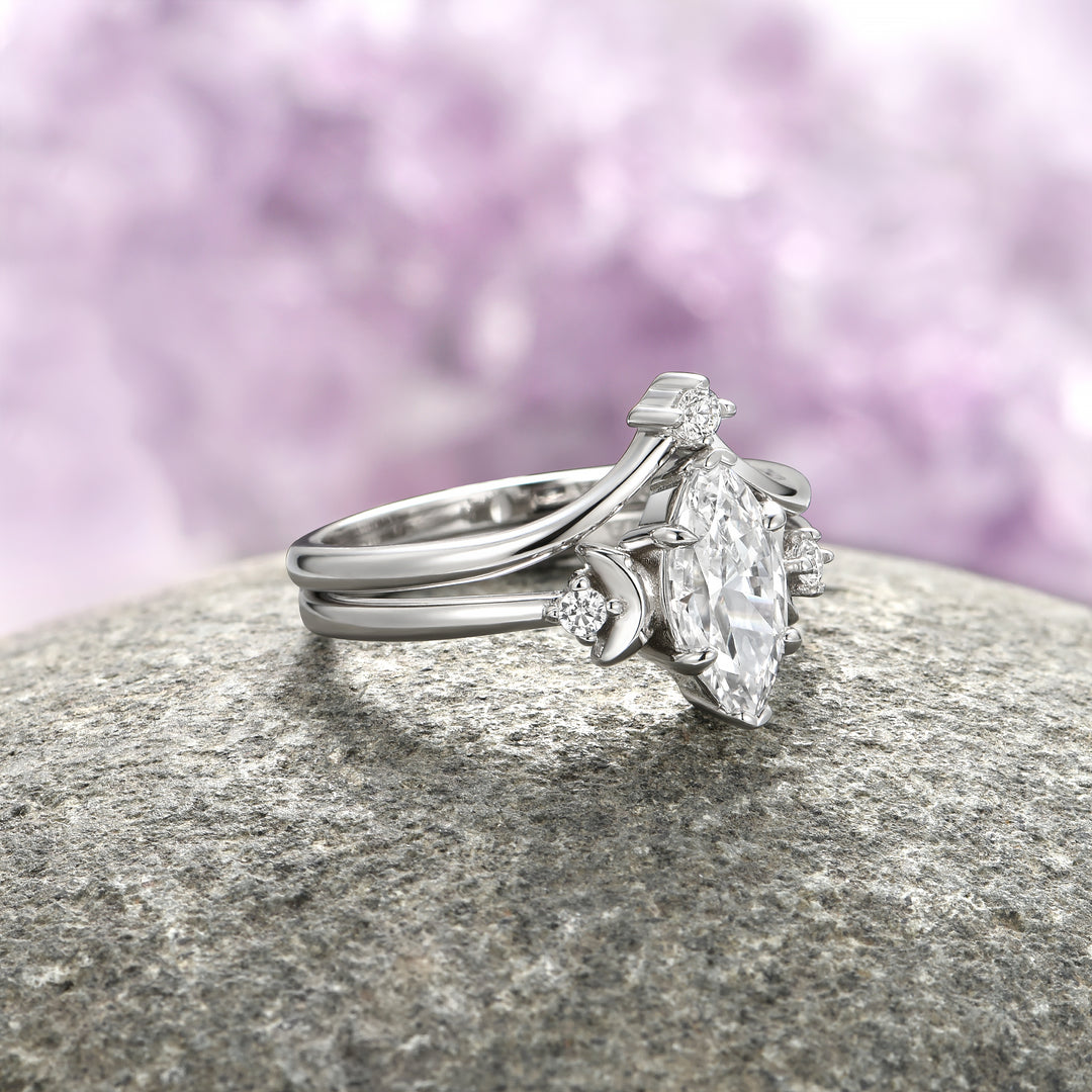 Moissanite Crescent Moon Ring Set - Sterling Silver