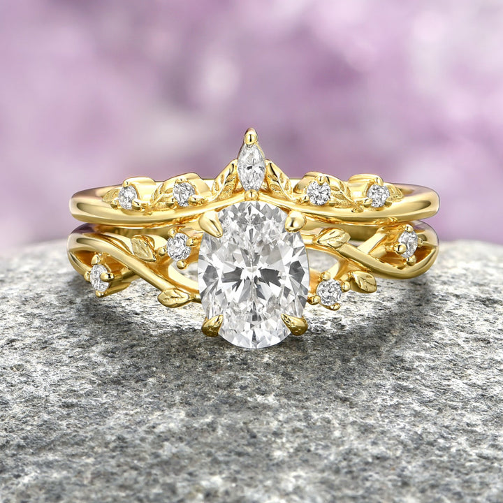 Fairy Leaf Diamond Ring Set- 14K Solid Yellow Gold