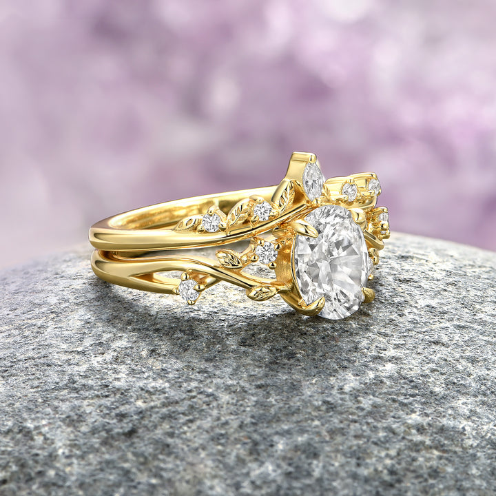 Fairy Leaf Diamond Ring Set- 14K Solid Yellow Gold